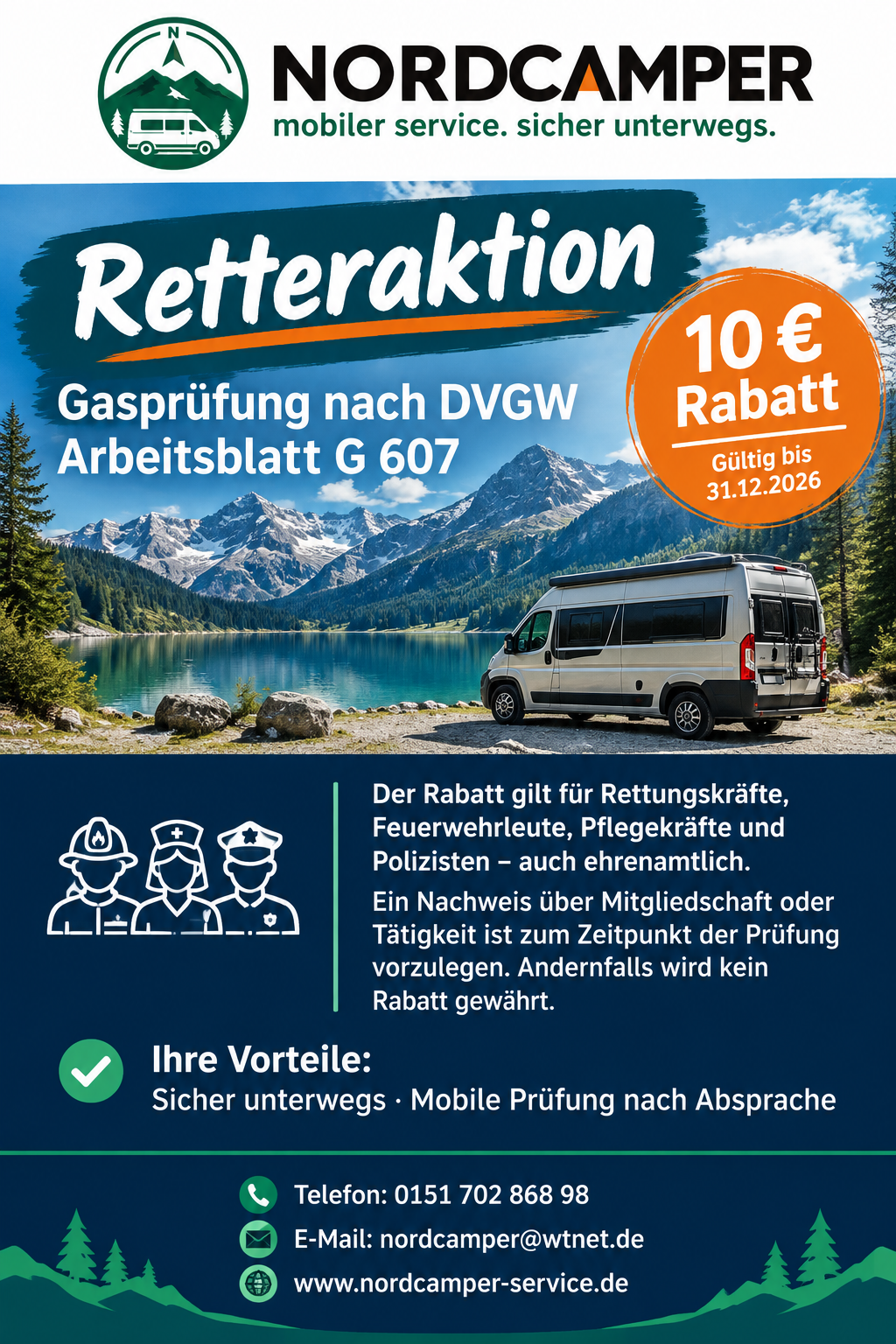 Nordcamper Retteraktion: 10 Euro Rabatt auf die Gasprüfung nach DVGW Arbeitsblatt G 607
